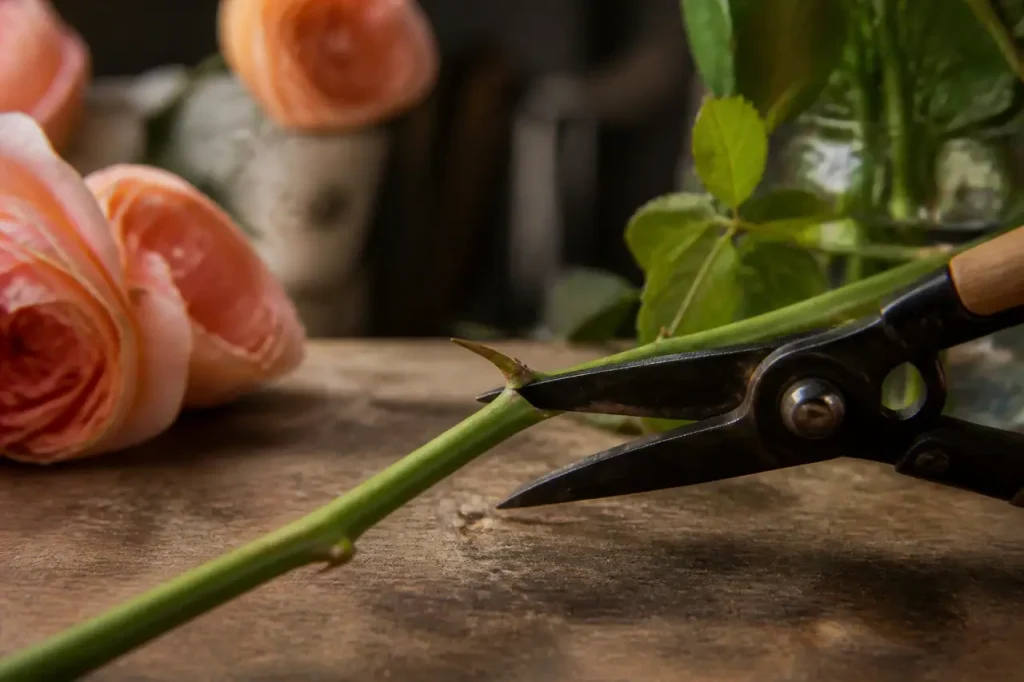 Mains coupant en biais une tige de rose