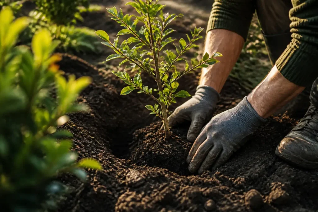 Mains gantees plantant un jeune arbuste dans la terre