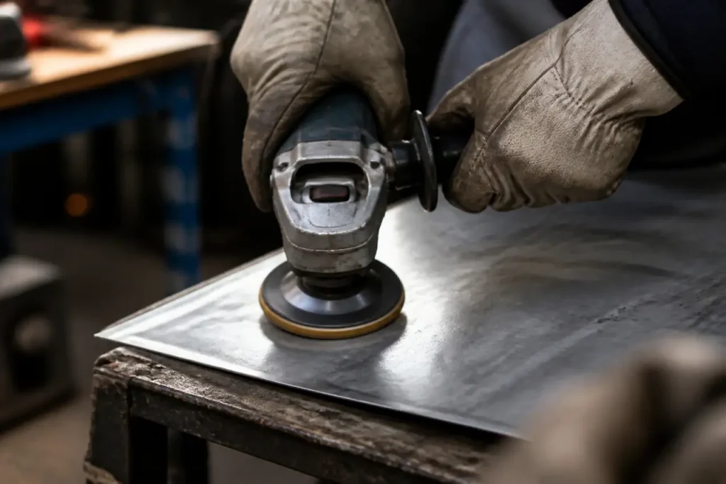 Mains gantees utilisant une ponceuse sur plaque metallique brute