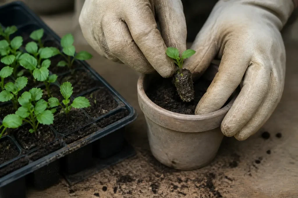 Mains gantees repiquant des semis dans un pot