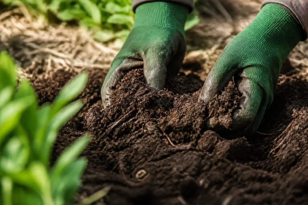 Mains gantees retournant une terre brune au jardin