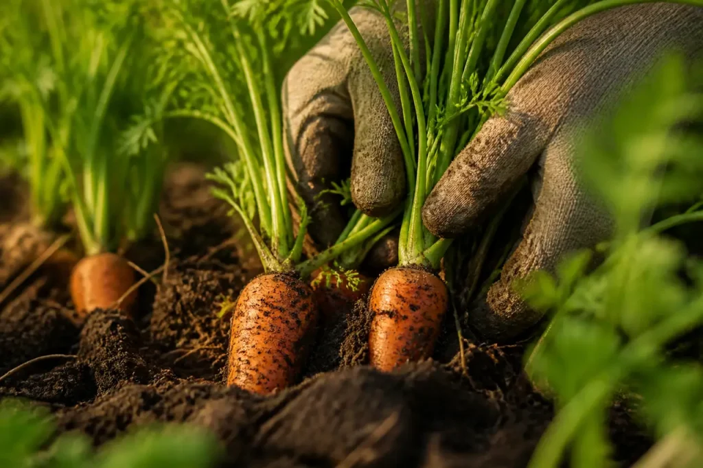 Mains gantées sortant des carottes orange du sol