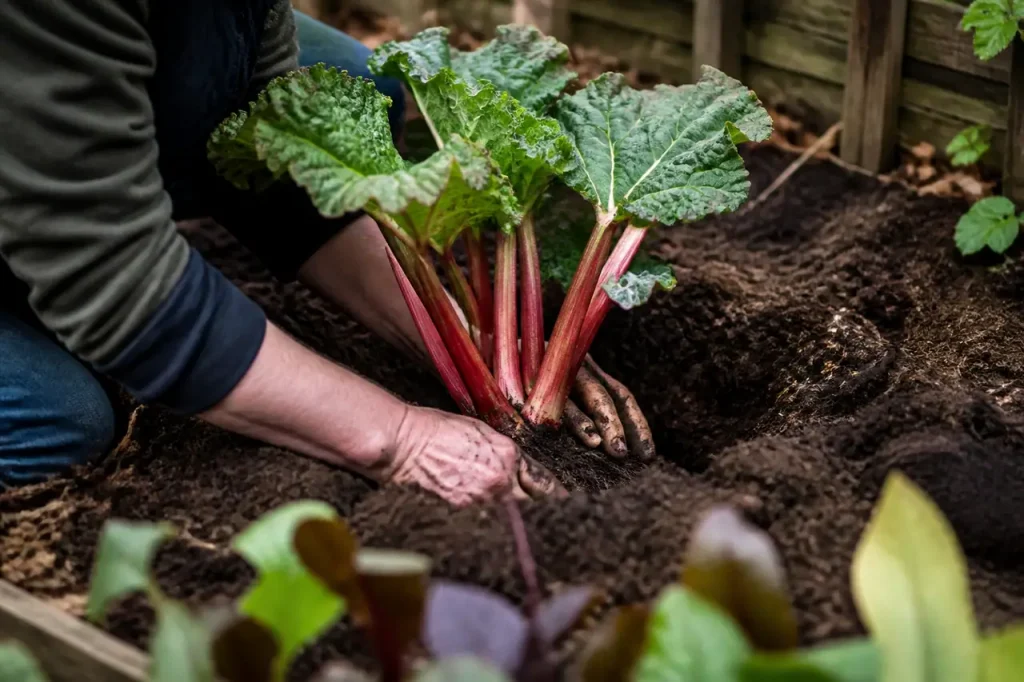 Mains plantant rhubarbe dans terre brune et compost