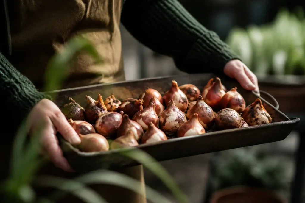 Mains tenant des bulbes de tulipes sur un plateau