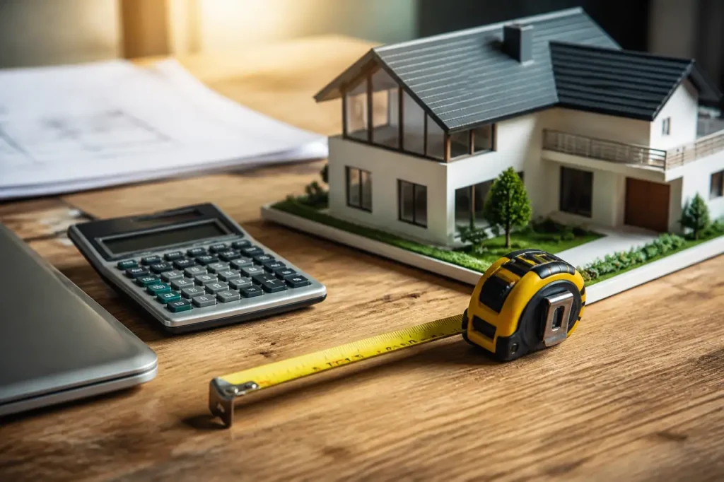 Maquette de maison, metre ruban et calculatrice sur bureau