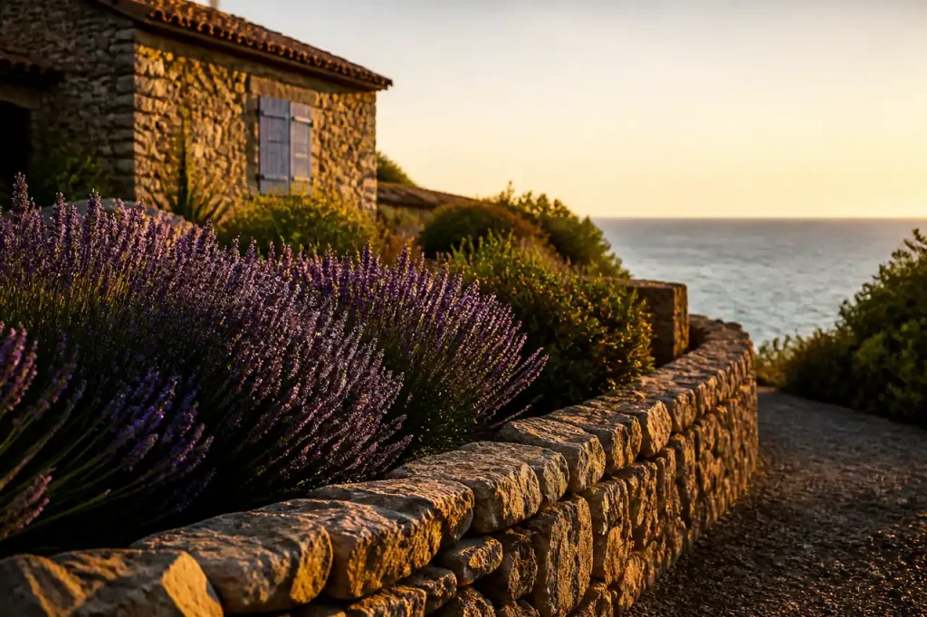 Muret de pierre et lavande près de la mer