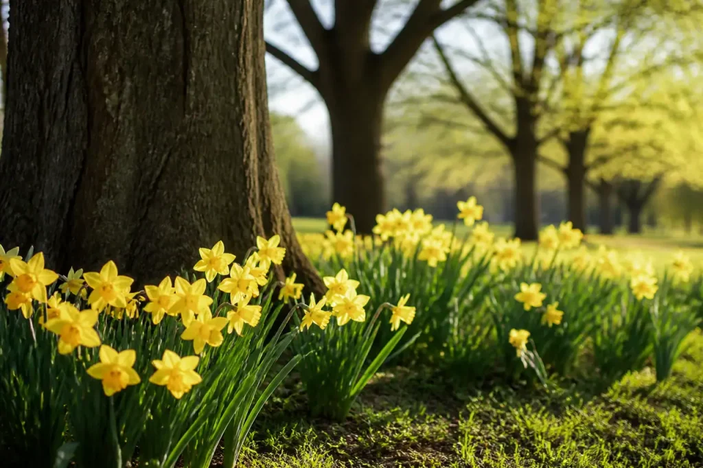Narcisses jaunes en fleurs sous un arbre au printemps
