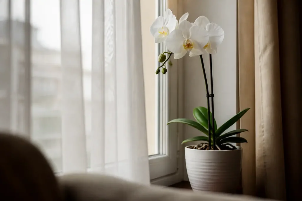 Orchidee blanche en pot pres fenetre voilee
