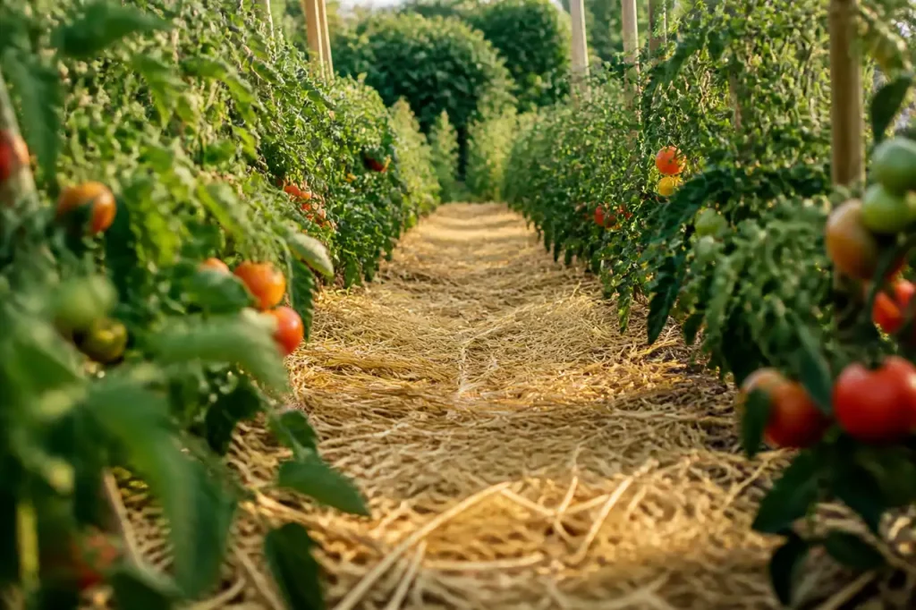 Paillis de paille entre les rangs de tomates