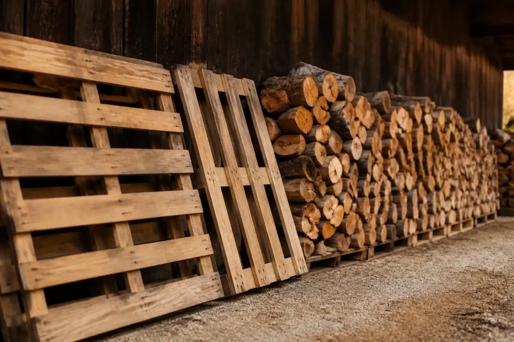 Palettes en bois posees cote a cote avec buches