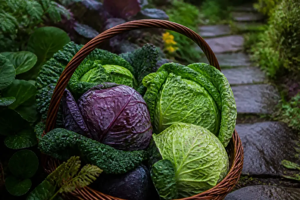 Panier de choux trempes sous la pluie au jardin