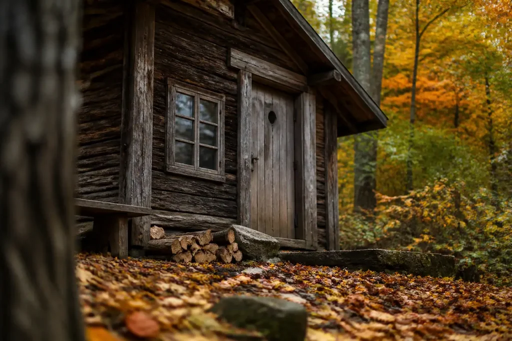 Petite cabane en bois avec feuilles mortes au sol