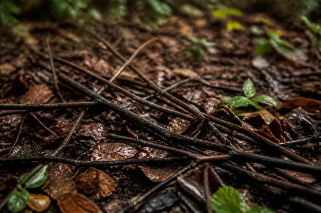Petites branches fines avec ecorce humide posees au sol