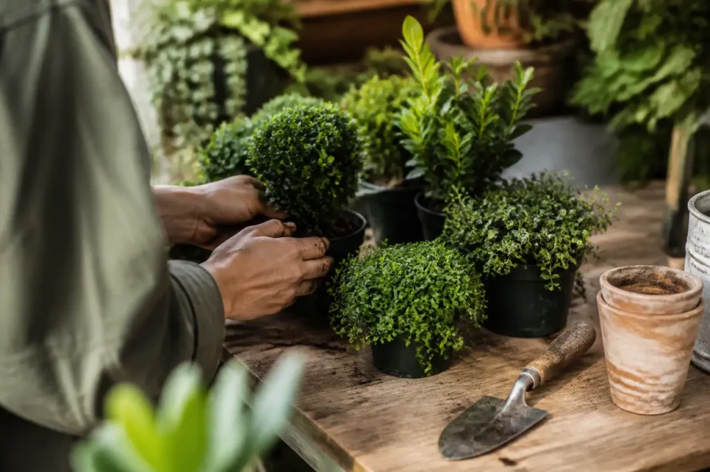 Petits arbustes verts en godets sur une table
