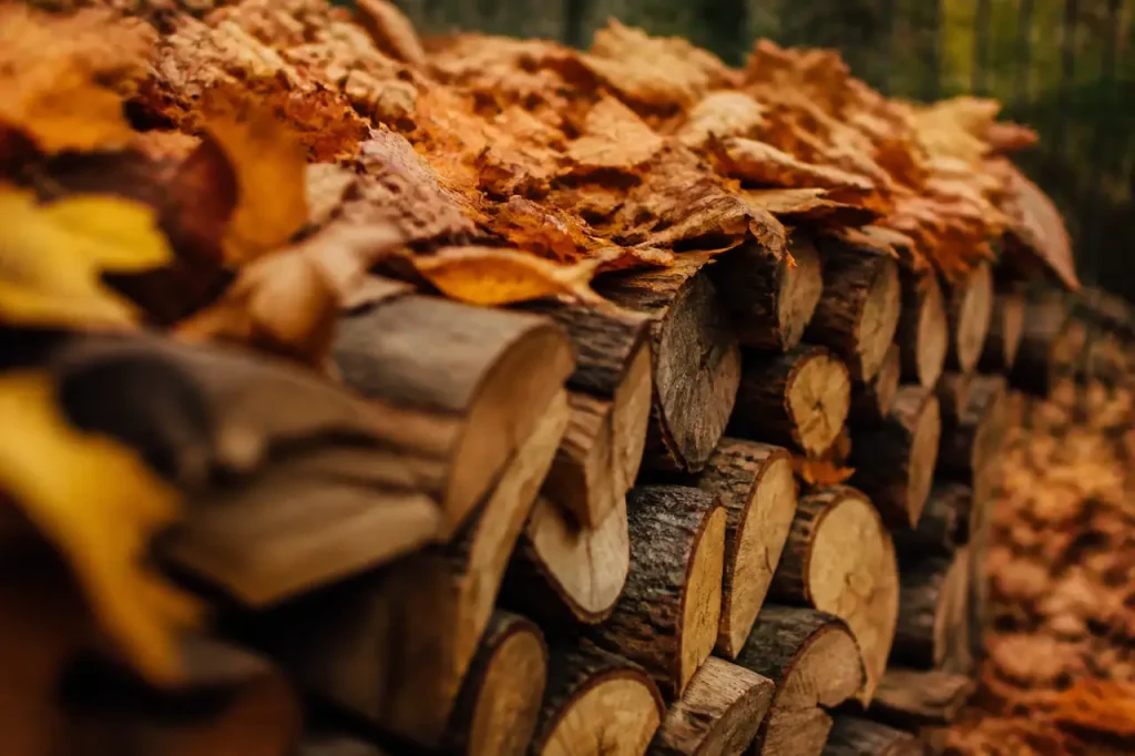 Pile de bois couverte de feuilles mortes