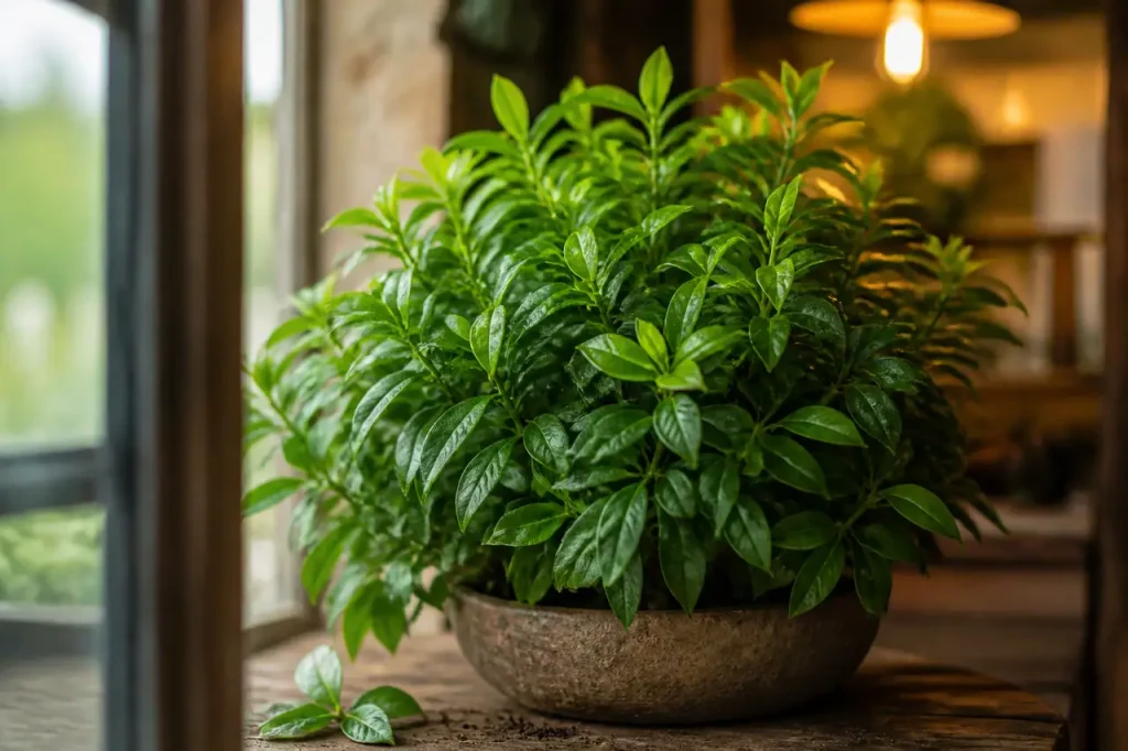 Plante dense et volumineuse au centre sur terre humide