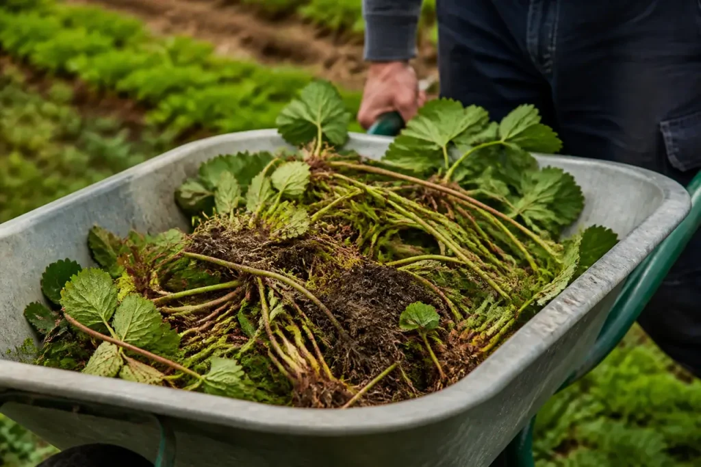 Plants de fraisiers arraches deposes dans une brouette