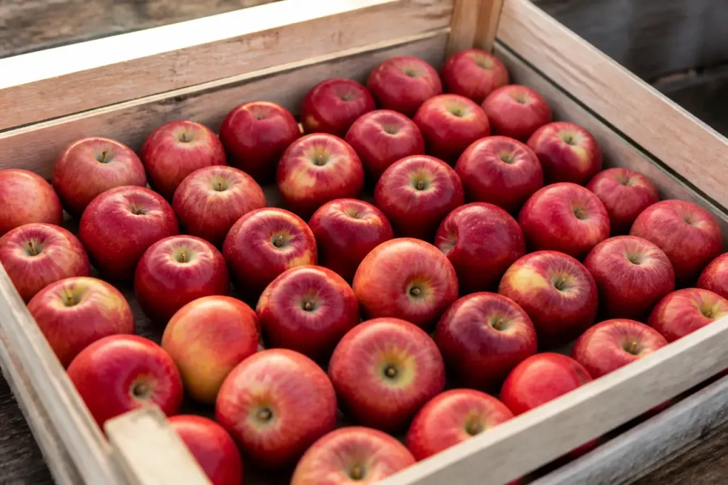 Pommes rouges en une couche dans cageot aere