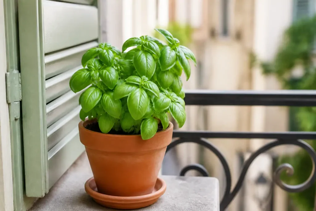Pot de basilic en terre cuite sur un balcon
