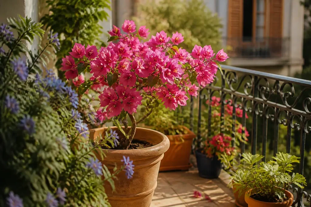 Pot de bougainvillier rose sur un balcon fleuri