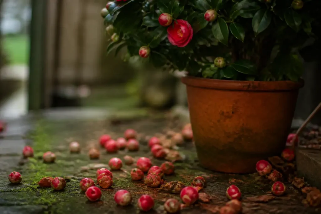 Pot de camelia avec boutons tombes sur la terre