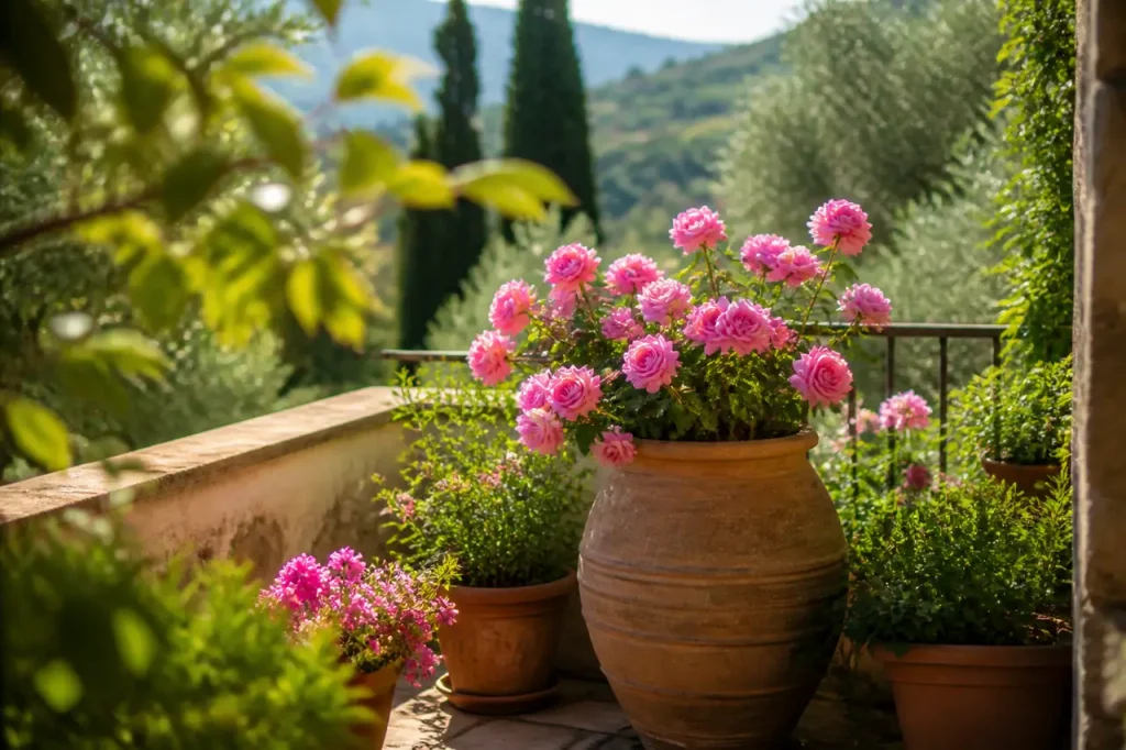 Pot de fleurs roses sur une terrasse ensoleillee