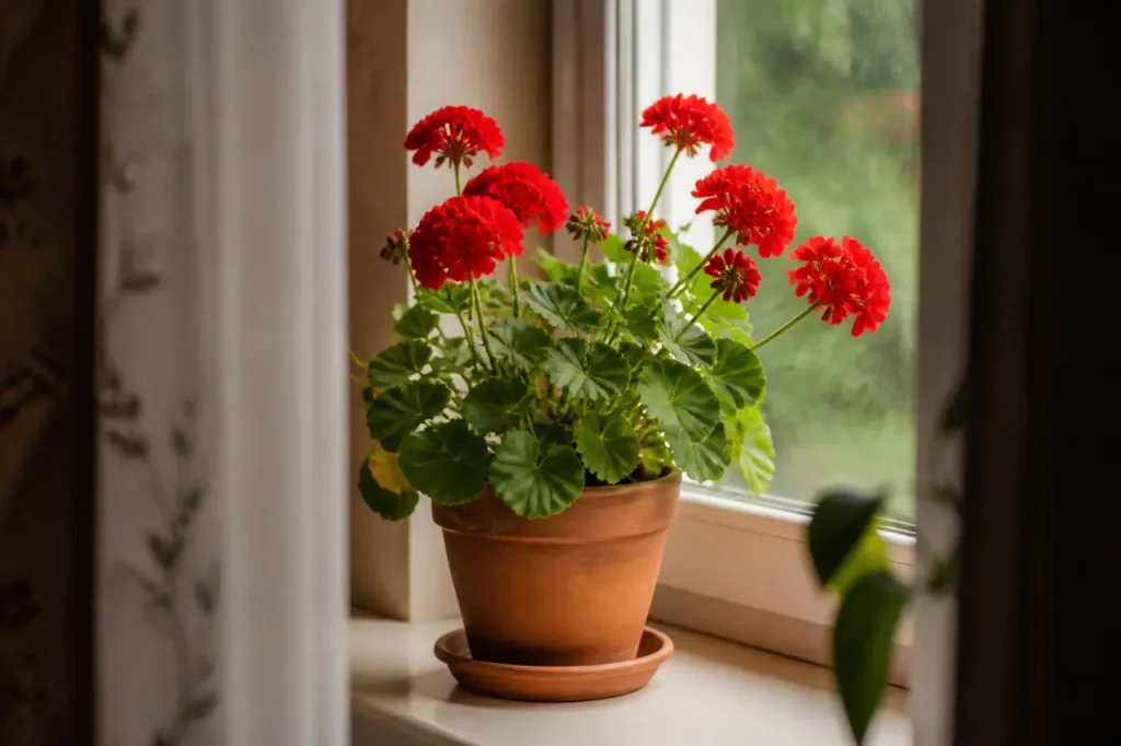Pot de geranium rentre pres d'une fenetre lumineuse