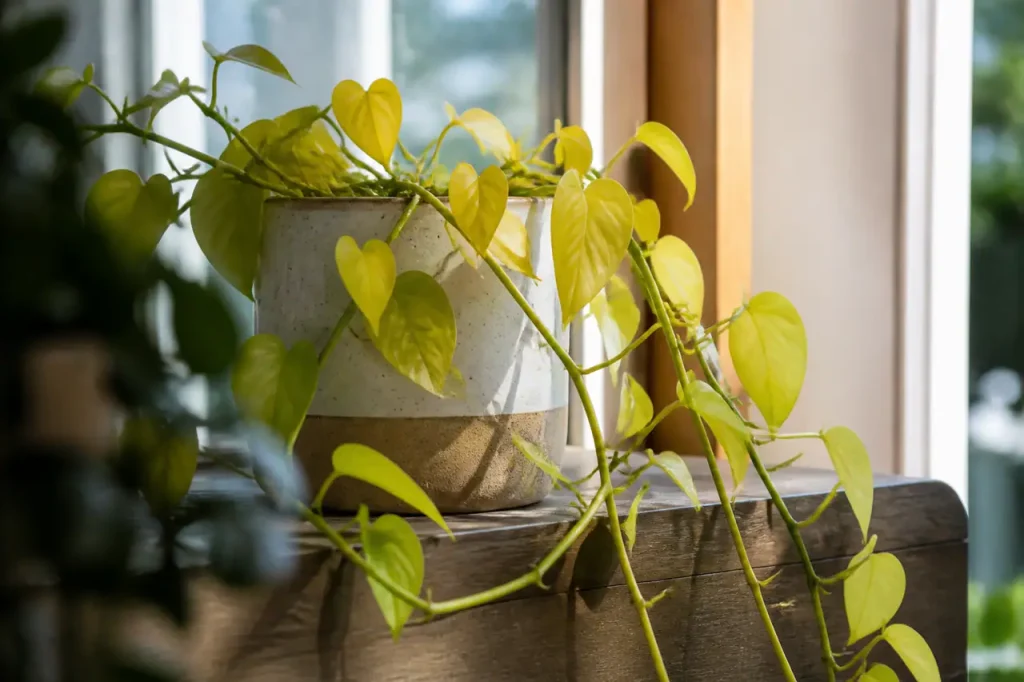 Pot de plante avec tiges longues et feuilles jaunes