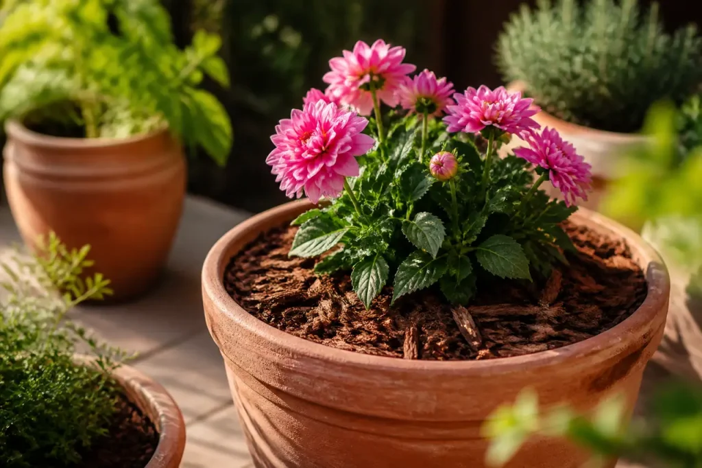 Pot en terre cuite, paillis brun, fleurs roses