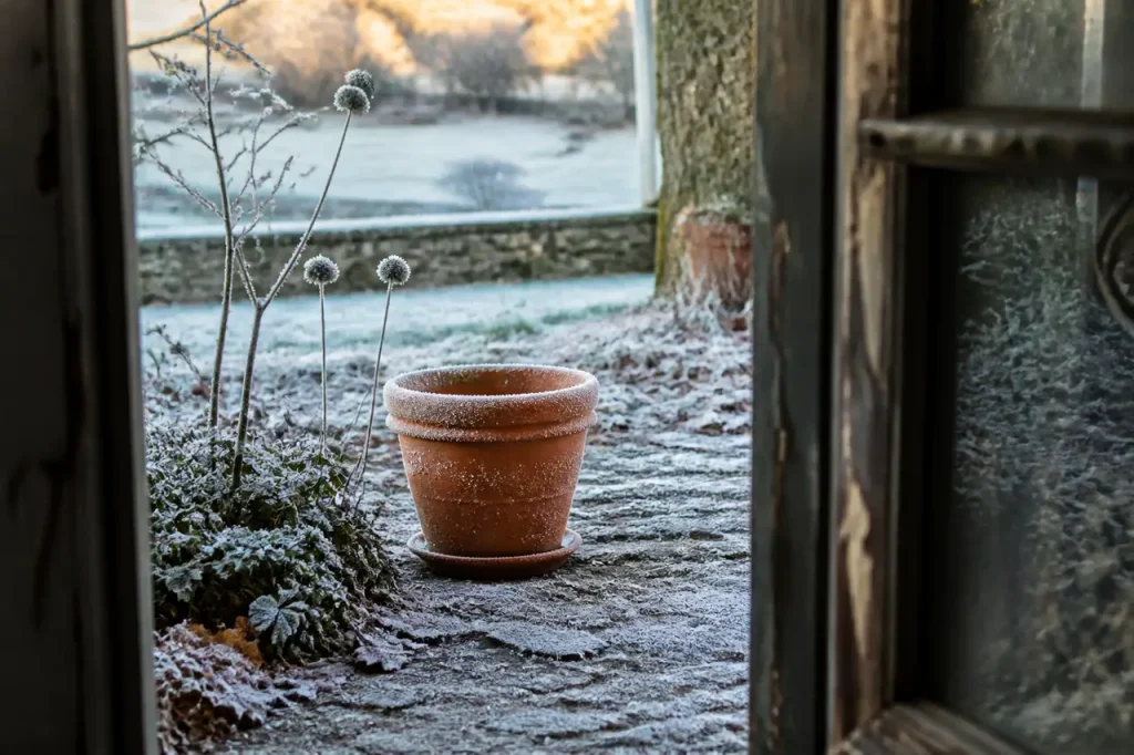 Pot en terre cuite sur sol couvert de givre