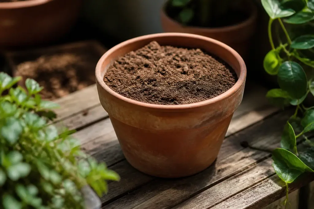 Pot en terre cuite avec terreau brun sec