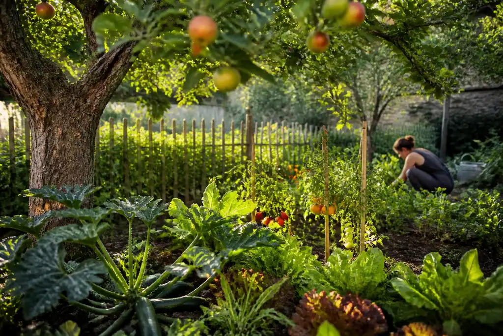 Potager avec tomates, courgettes et salades sous un pommier