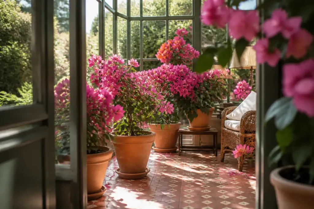 Pots de bougainvilliers roses dans une veranda lumineuse