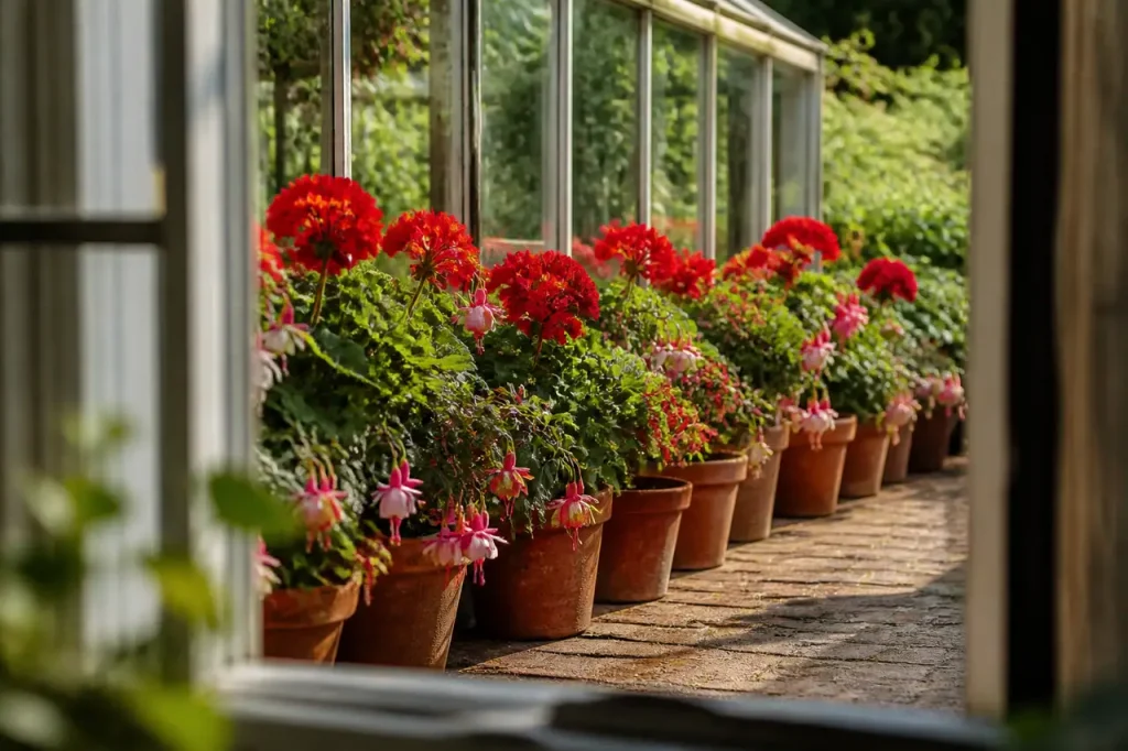 Pots de geranium et fuchsias alignes pres d'une serre