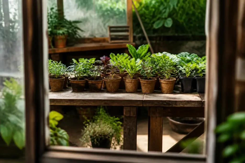 Pots de jeunes plants alignes sur table en bois