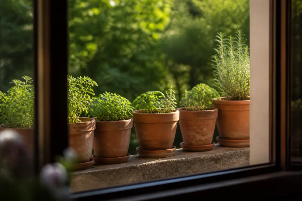 Pots en terre cuite alignés sur un rebord ensoleillé