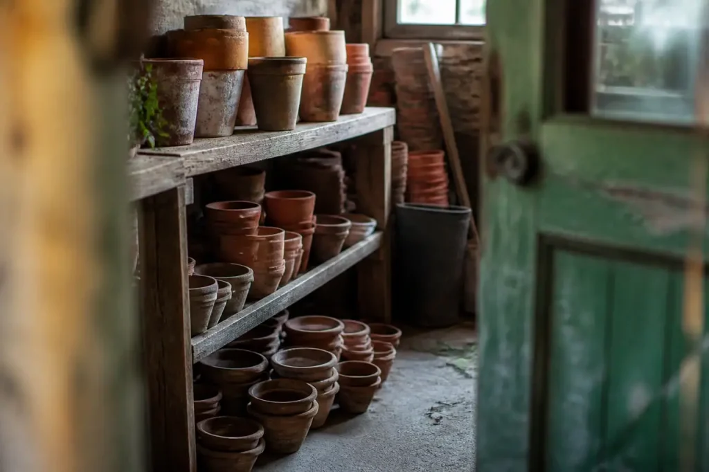 Pots de terre vides sous un abri en bois