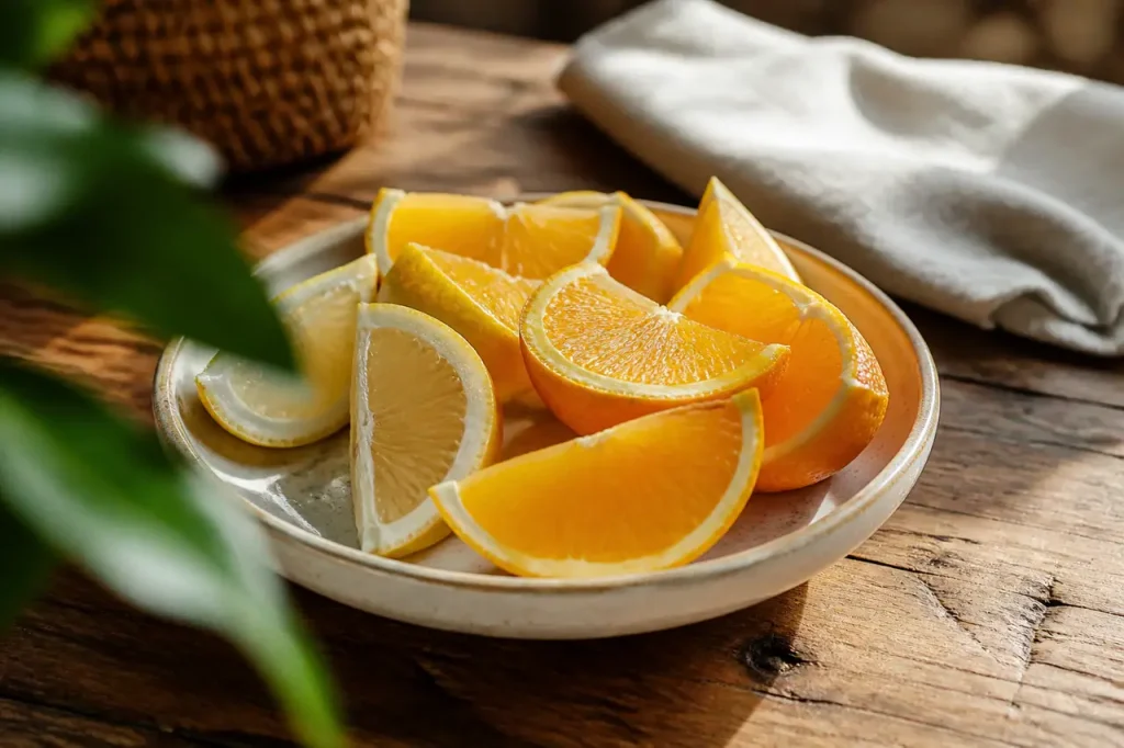Quartiers de citron et orange sur table en bois