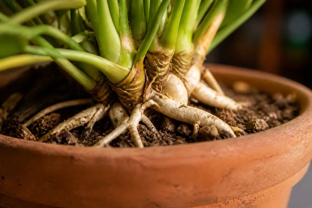 Racines blanches fermes dans un pot en terre
