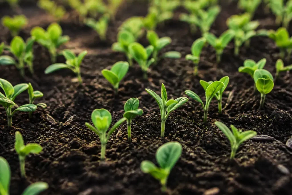 Rang de jeunes plants verts sur sol brun humide