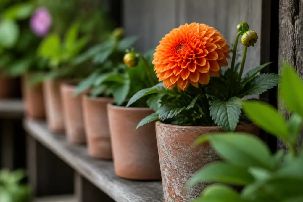 Rangee de petits pots avec un dahlia orange