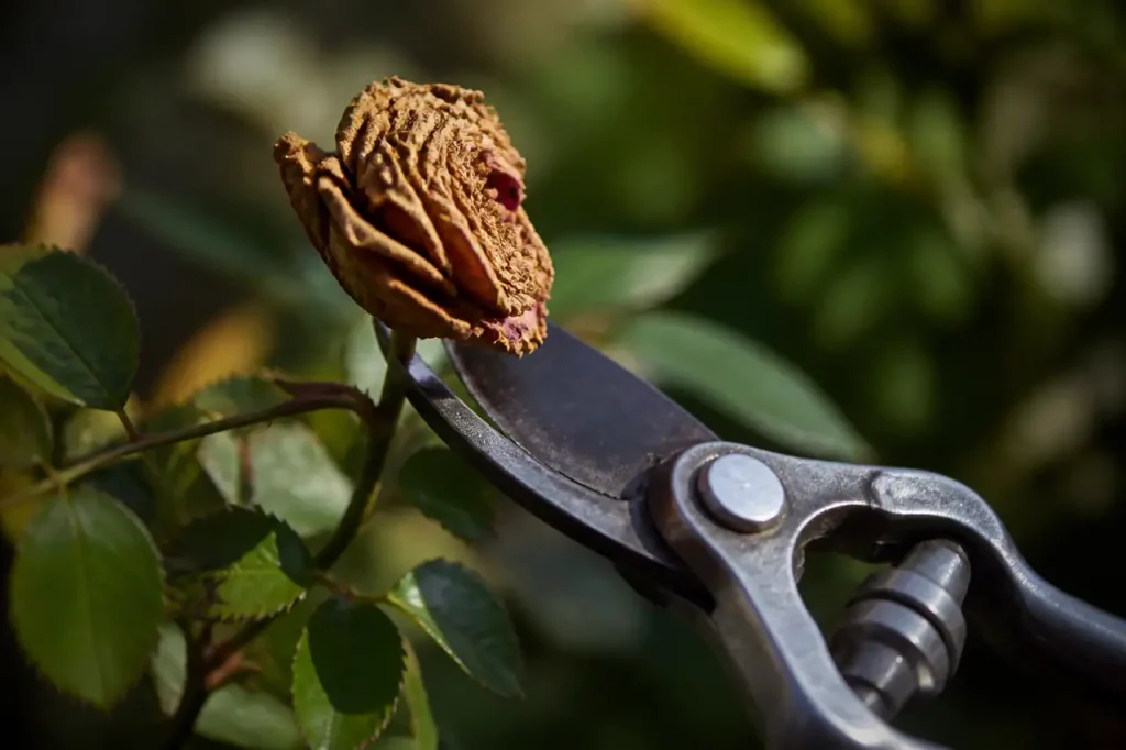 Secateur coupant une fleur fanee sur rosier