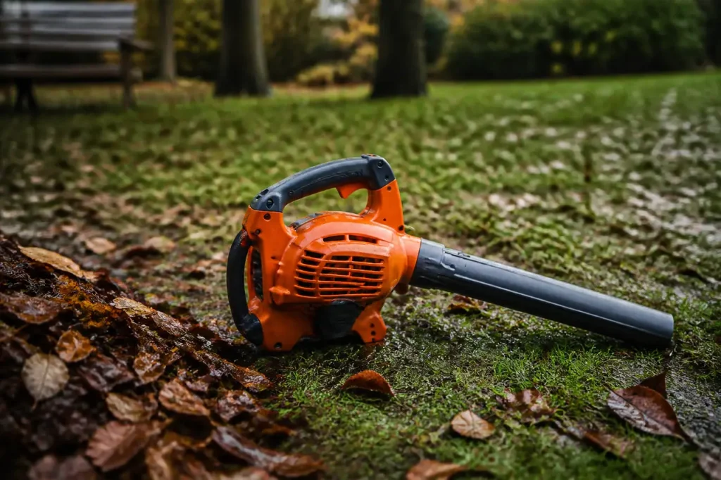 Souffleur posé sur une pelouse couverte de feuilles mouillees
