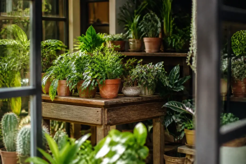 Tables en bois chargees de plantes en pots