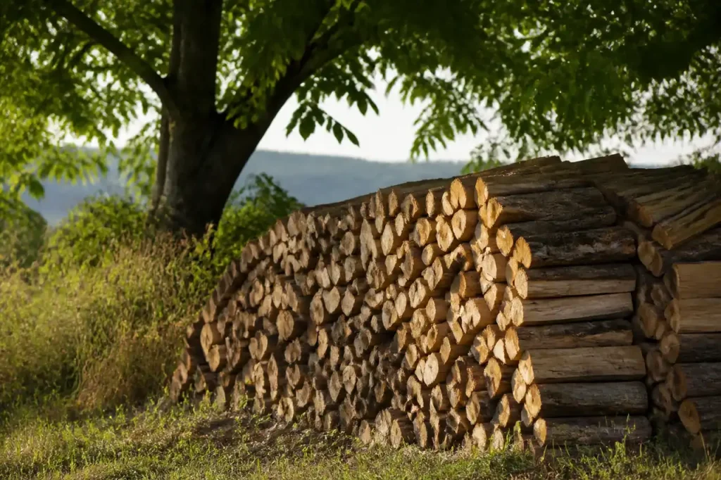 Tas de bois empile sous un arbre feuillu