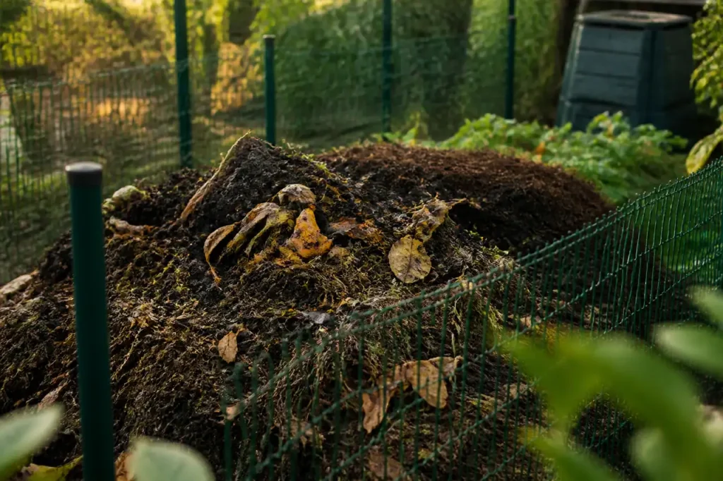 Tas de compost dans un jardin, grillage metallique vert