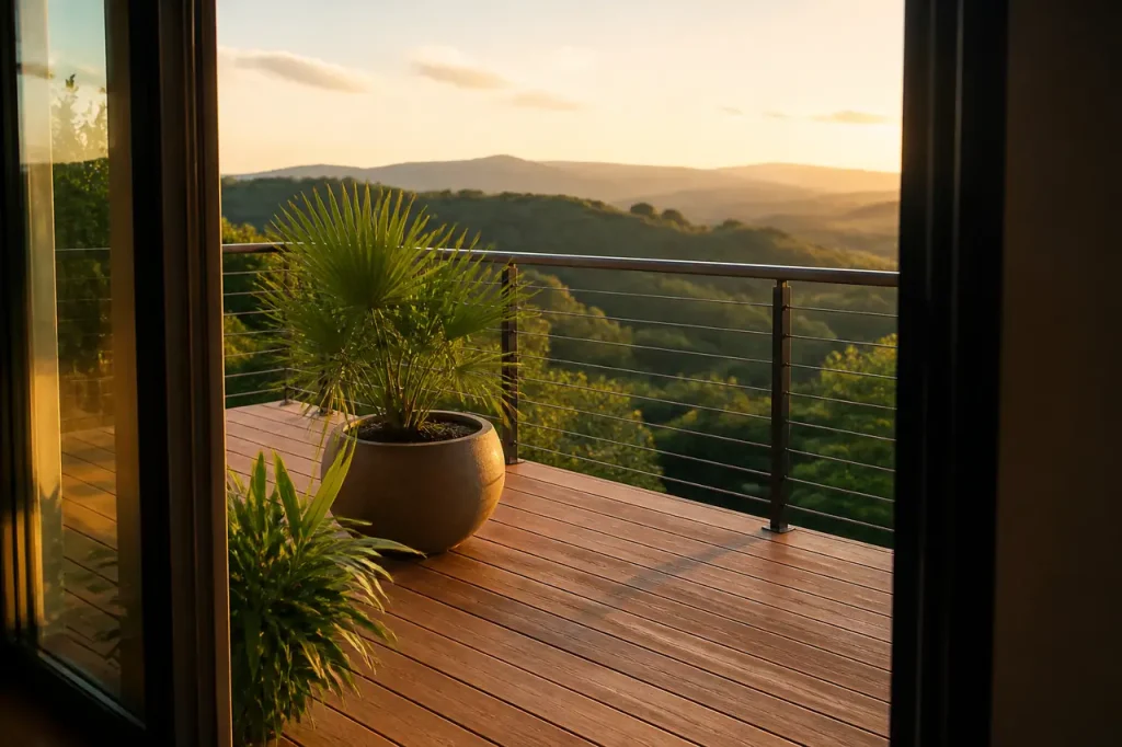 Terrasse en bois perchee avec rambarde metallique