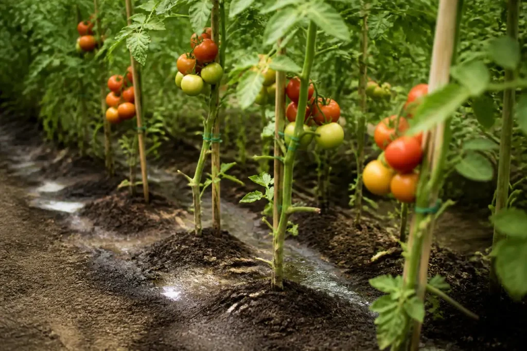 Tomates espacees sur tuteurs, feuilles basses retirees, sol humide