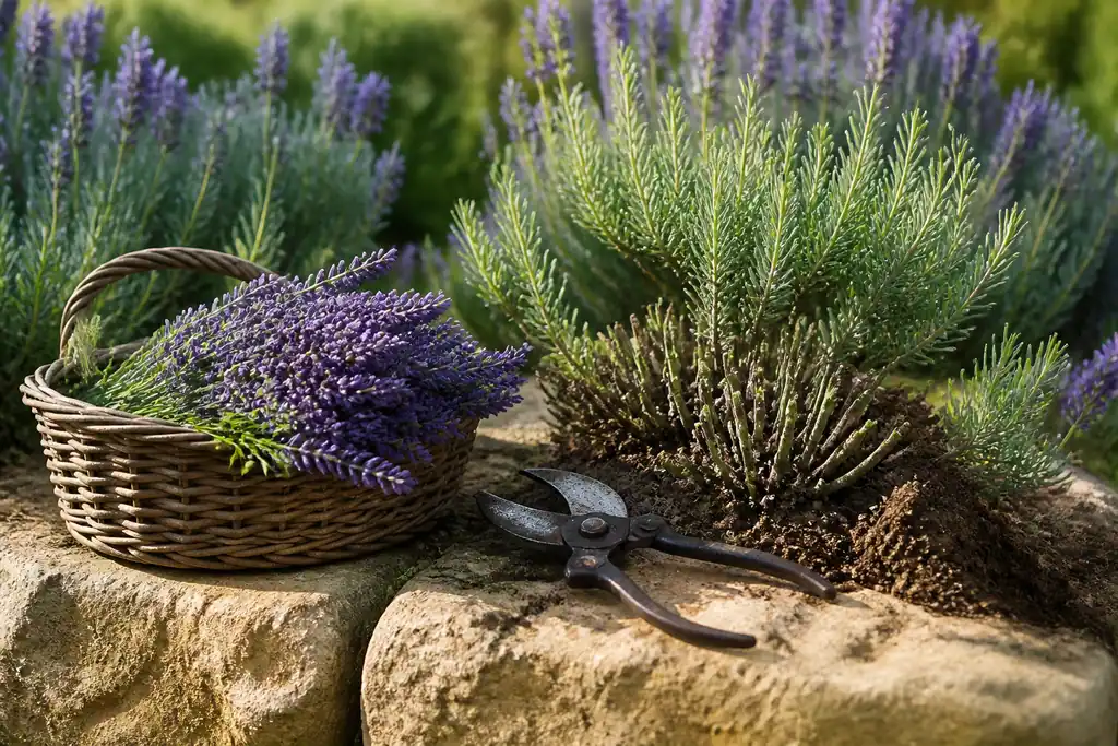 Touffes de lavande taillees au secateur en jardin