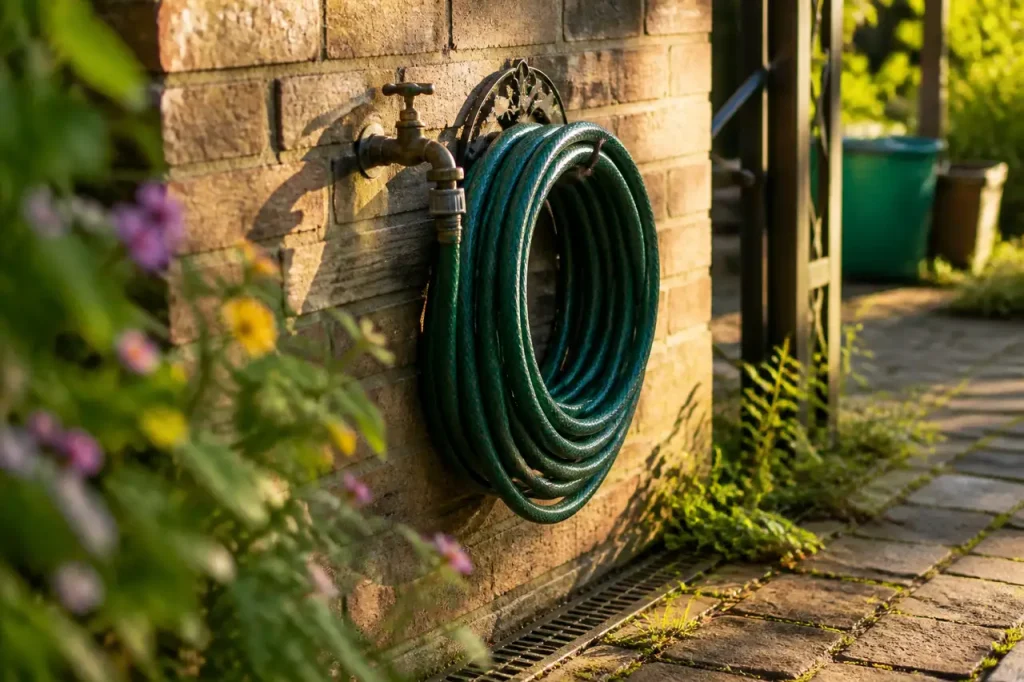 Tuyau de jardin enroule pres du robinet exterieur